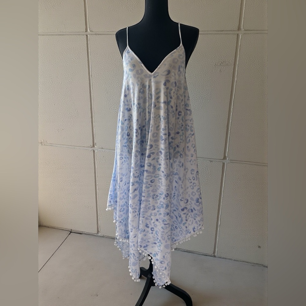 Goa by Japna Blue Leopard Beach Cover Up Pom Fringe‎ Boho Resort Dress L